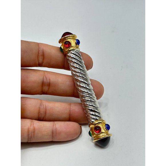 80s 90s Jeweled Bar Pin Brooch Two Tones Silver Gold Jewel Tones Glass Cabochons - Picture 6 of 7